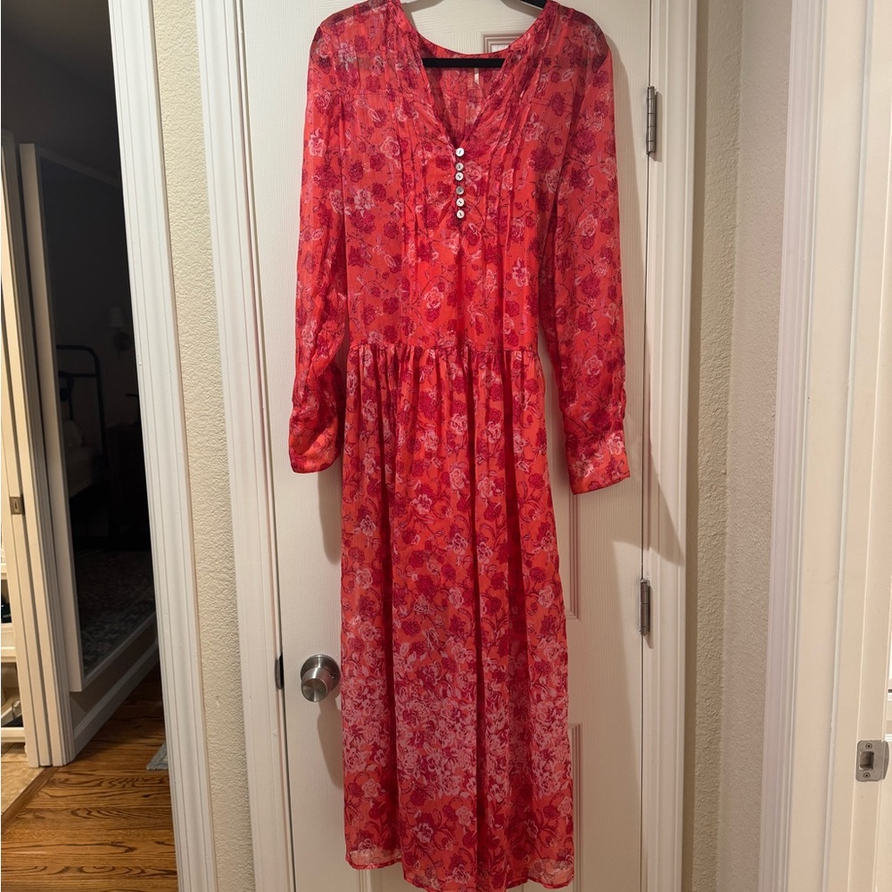 Free People Coral Floral Long Sleeve Flowy Dress
